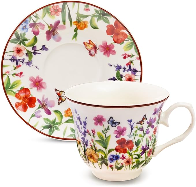 Tea Cups and Saucers, 8 OZ Wildflower Porcelain Tea Cup