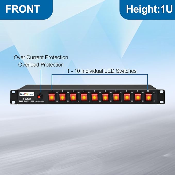 10 Outlets Horizontal 1U PDU Rackmount Power Strip