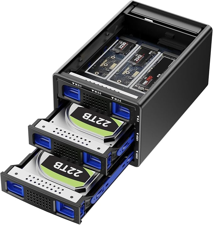 Hybrid 2*2.5/3.5" SATA HDD/SSD+3* M / B+M Key M.2 NVMe Enclosure