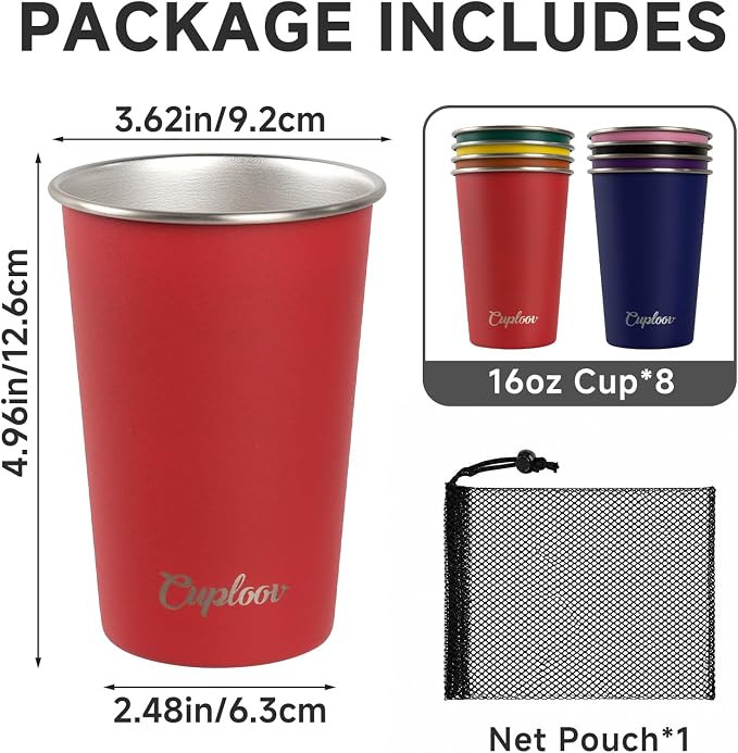 16 oz Stainless Steel Cups, Metal Drinking Glasses