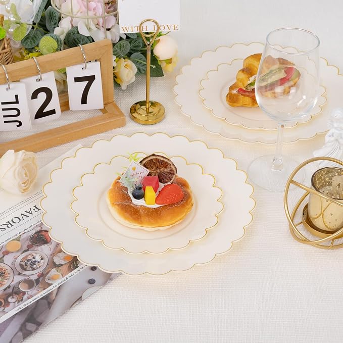 100pcs Scalloped Ivory Gold Plastic Plates, Elegant Party Plates | Includes 50