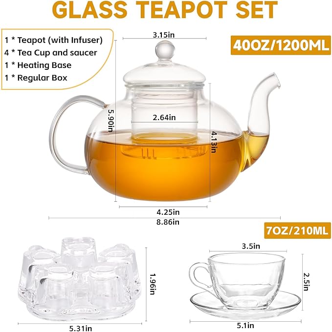 Glass Teapot Set, 40OZ/1200ml Stovetop Safe Glass Tea Kettle