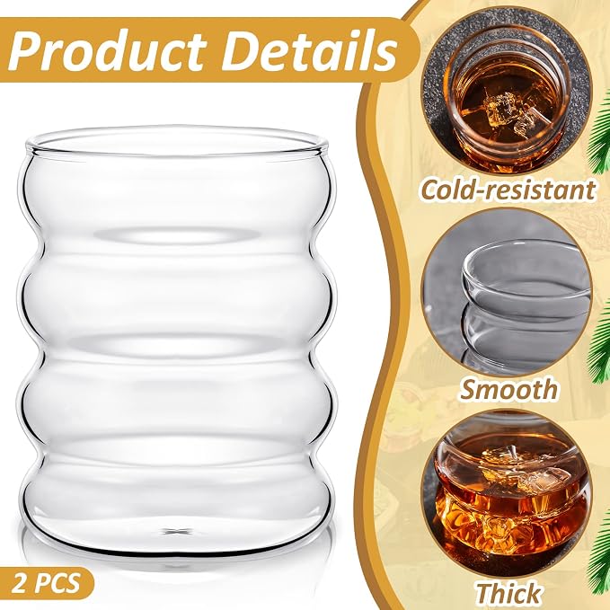 Cunhill 2 Pcs Wave Glass Cup 10 oz Ribbed Bubble Drinking Glassware Creative