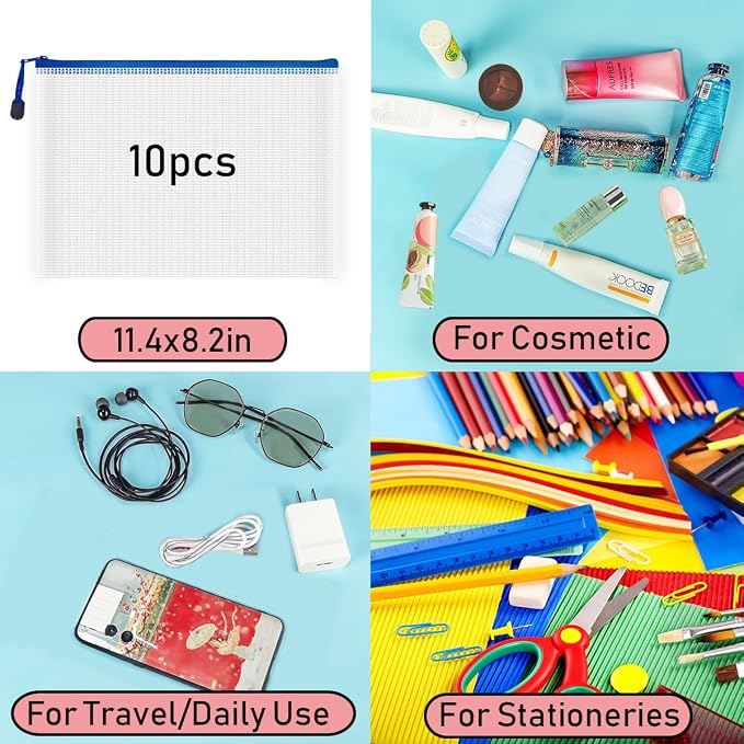 AUSTARK 10 Pcs Zipper File Bags, Waterproof Plastic Mesh Pouch