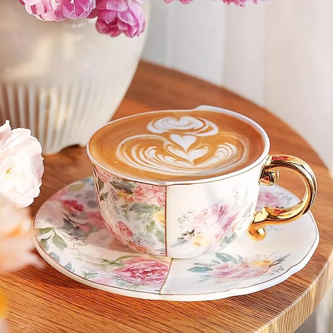 KAMMAK Tea Cups and Saucers Set of 2, Fine Bone China Coffee Cups, YX011 |