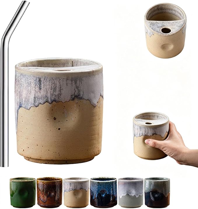 18oz Ceramic Coffee Mug with Hole, Vintage Kiln Style Handleless Tumbler