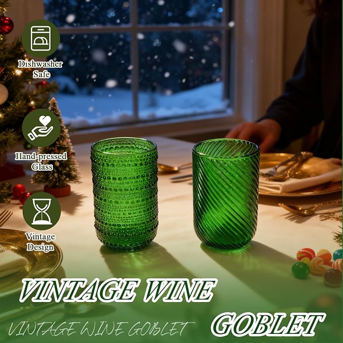 CHLJAR Christmas Green Vintage Wine Drinking Glasses Set of 6, 14 oz hobnail
