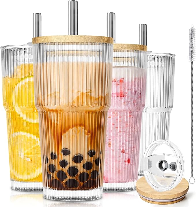 KEMORELA 20oz Ribbed Glass Tumblers