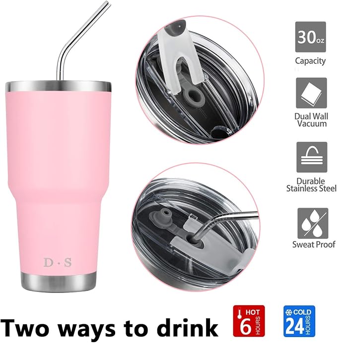 D·S 30 oz Pink Tumbler Double Wall Vacuum Insulated Travel Coffee Mug | Double