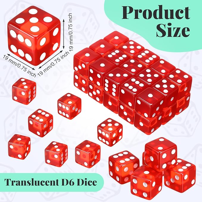 36 Piece 19 mm Casino Style Craps Dice Sets Acrylic and Translucent D6 Dice