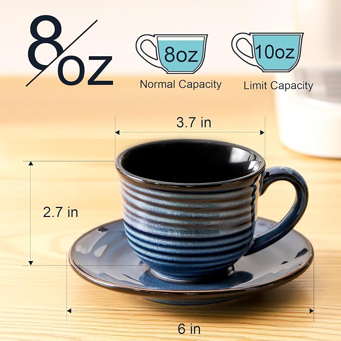 HASENSE Ceramic Cappuccino Cups and Saucers Set of 4, 8 oz Tea Coffee Cups Set