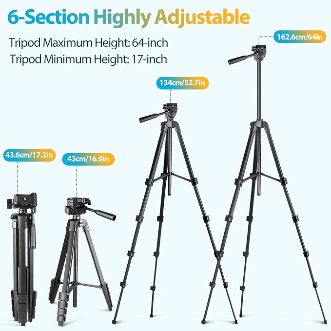 Aureday Phone Tripod Stand, 64” Extendable Cell Phone&Camera Tripod
