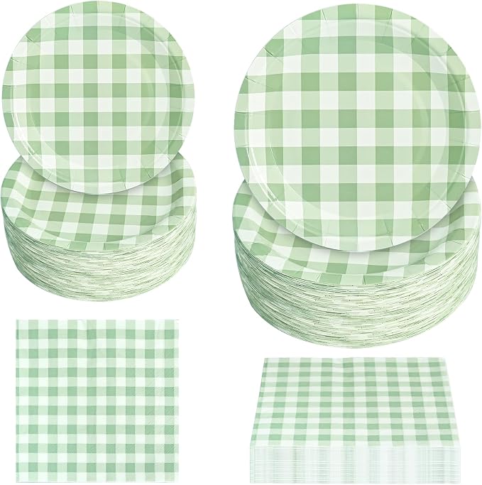 180Pcs Green Gingham Party Supplies Paper Plates and Napkins Serve 60 |
