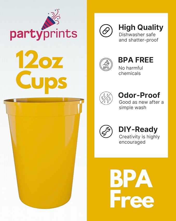PartyPrints 100 Pack Small 10 to 12 oz Yellow Reusable Blank Plastic Cups