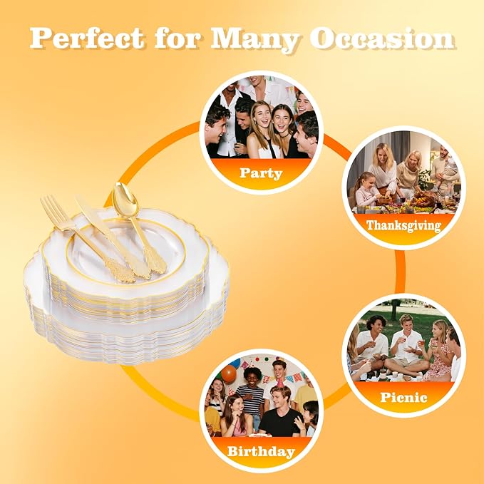 YOUBET 125PCS Clear Gold Plastic Plates