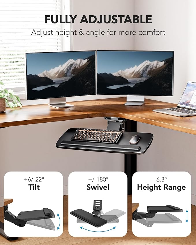 HUANUO Keyboard Tray Under Desk, 360 Adjustable Ergonomic Sliding Keyboard &