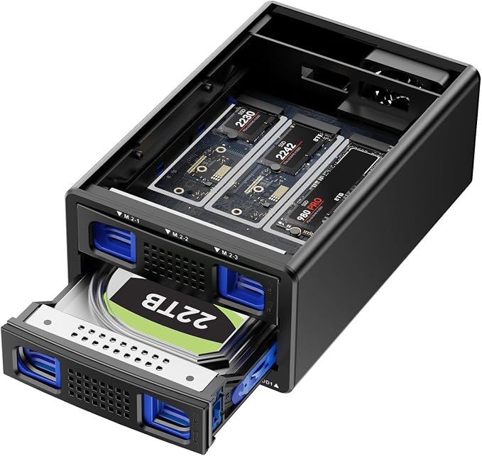 Hybrid 2.5/3.5" SATA HDD/SSD+3* M / B+M Key M.2 NVMe Enclosure
