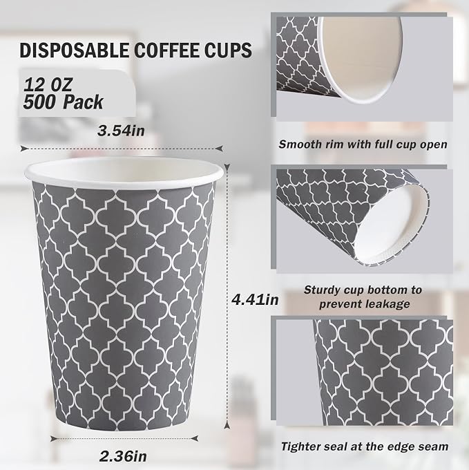 Lamosi Coffee Cups 12 oz 500 Pack, Disposable Paper Coffee Cups, Hot Cups |