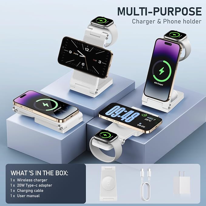 Magnetic Wireless Charger Stand, 3 in 1 Foldable Wireless Charging Station