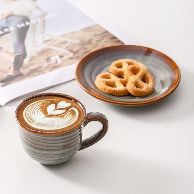 Hasense Espresso Cups with Saucers, 4 oz Small Ceramic Espresso Coffee Mugs Set