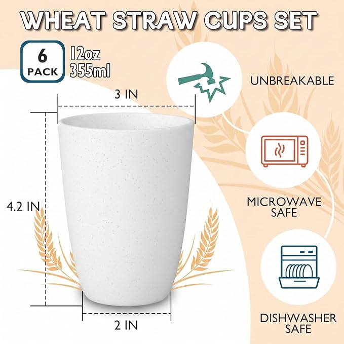 Wrova Wheat Straw Cups Set of 6 Good Alternative to Plastic Cups Reusable 12 oz