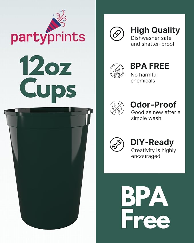 PartyPrints 100 Pack Small 10 to 12 oz Dark Green Reusable Blank Plastic Cups