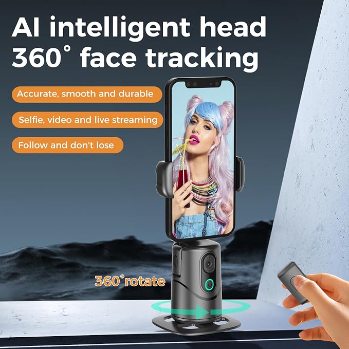 Auto Face Tracking Phone Holder, No App Required, 360° Rotation Phone Camera