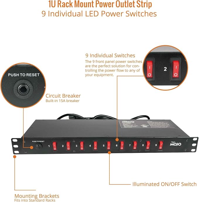 Tecmojo 9-Outlet Rack Mount Overloading Protection Circuit Breaker PDU Power