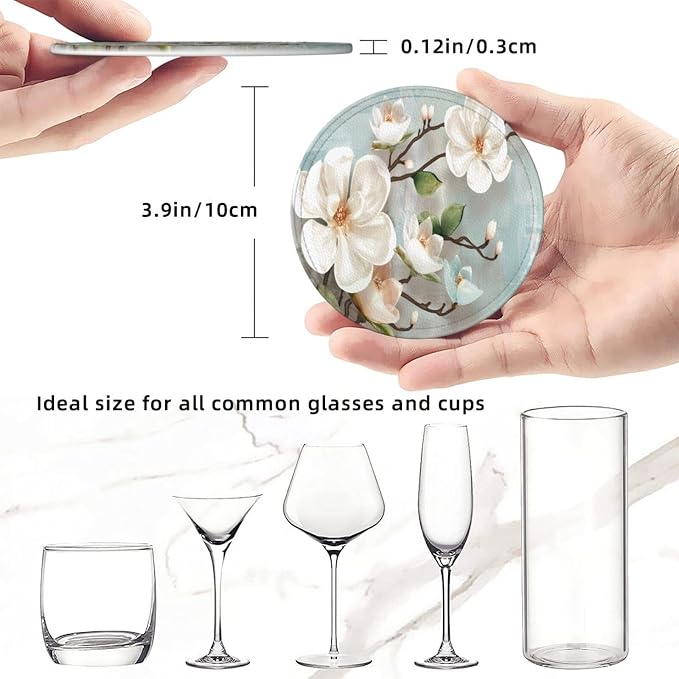 6 Pcs Spring White Blossom Magnolia Flowers Leather Coasters