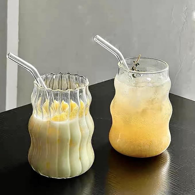 2 Pcs Ribbed Glass Cups 18 Oz Vintage Drinkware Wavy Ribbed Design Ideal