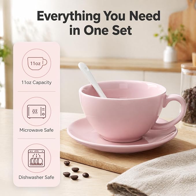DeeCoo 11 oz Pink White Cappuccino Mug- Large Ceramic Coffee Cup