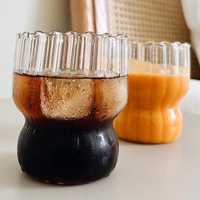 MANMAOHE 10 Oz Ribbed Glass Cups Set of 2 Creative Wavy Drinking Glasses