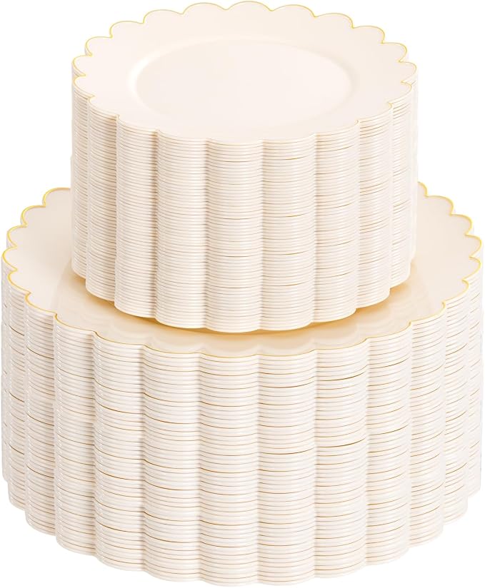 100pcs Scalloped Ivory Gold Plastic Plates, Elegant Party Plates | Includes 50