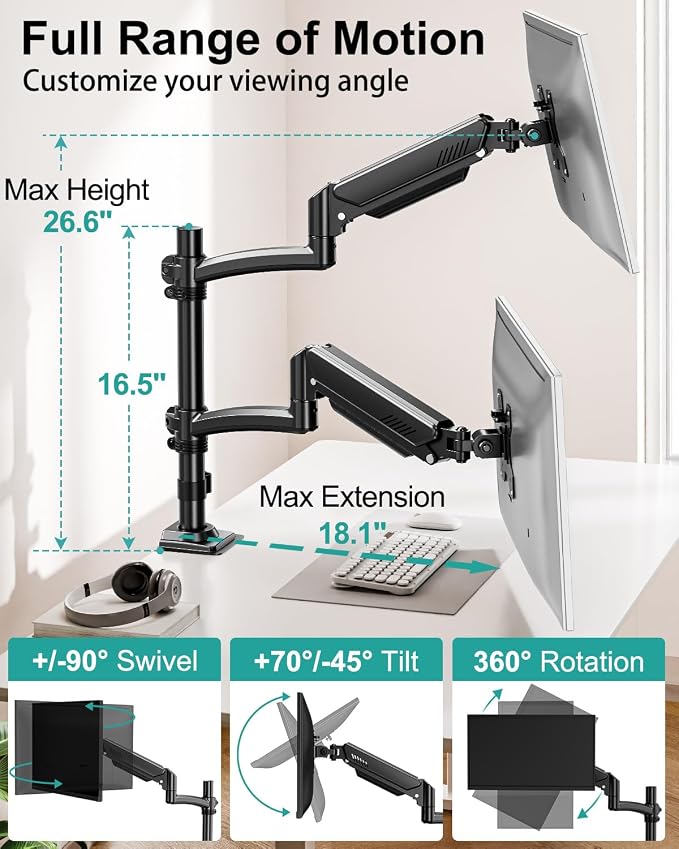 Dual Monitor Stand for Desk, Taller Monitor Arms for 2 Screens up to 32 inch