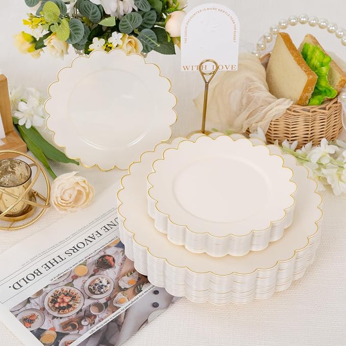 100pcs Scalloped Ivory Gold Plastic Plates, Elegant Party Plates | Includes 50