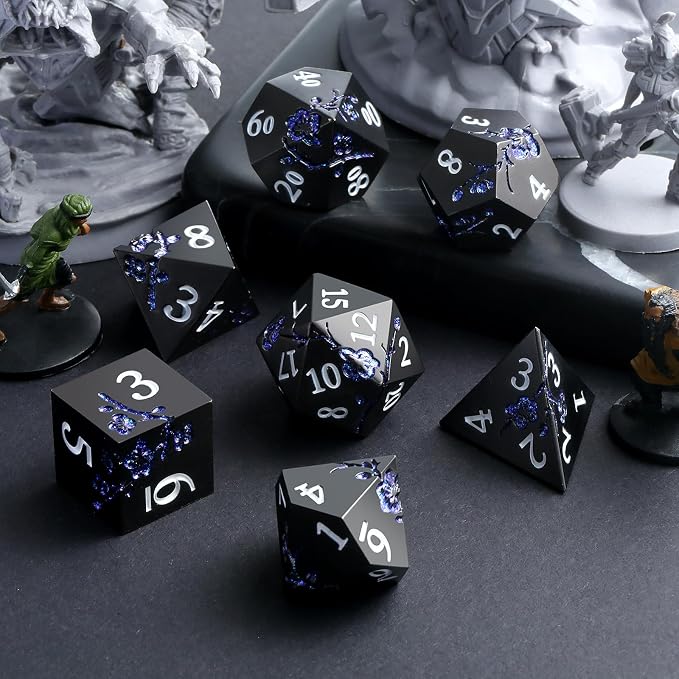 Glitter Blue D&D Metal Dice, DNDND 7 PCS Flower Metallic DND Dice Set