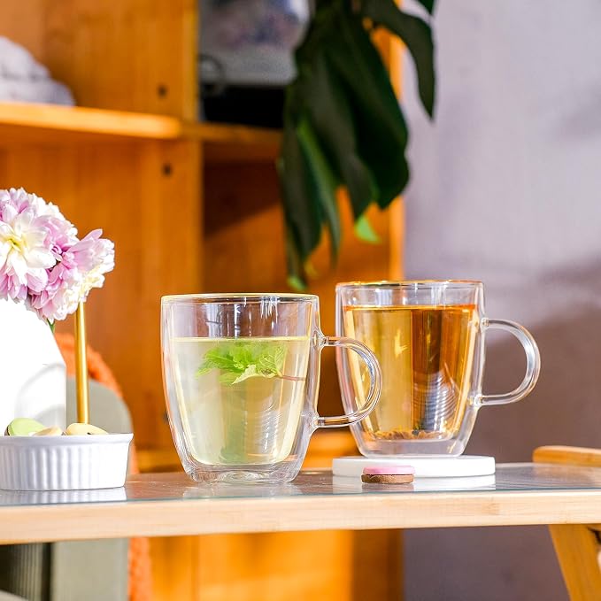 Wlasss Double Wall Insulated Glass Coffee Mugs set of 4-13 oz Clear Hand Blown