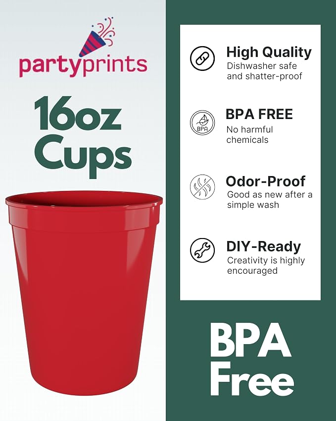 PartyPrints 10 Pack 16 oz Assorted Reusable Blank Plastic Cups, Stadium Cups