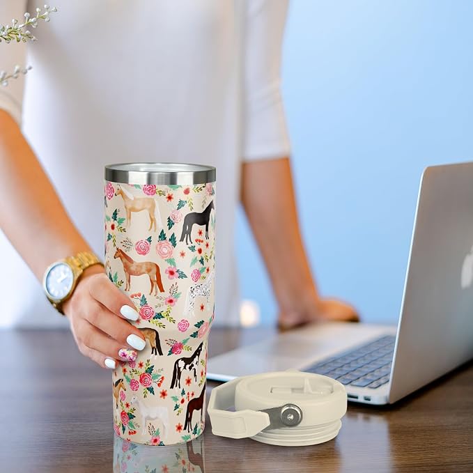 30 oz Horse Tumbler with Handle and Flip Straw, Vacuum Insulated Water Bottle