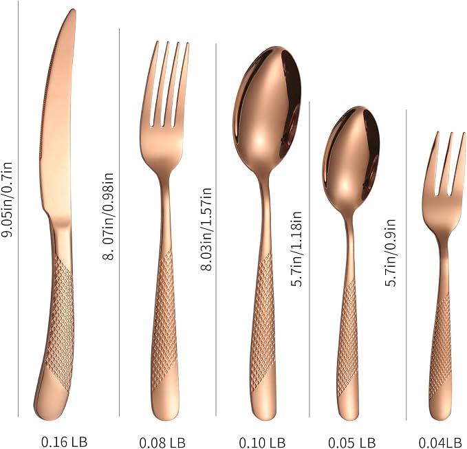 Hammered Flatware Set Copper/Rose Gold Silverware 20 Piece Stainless Steel