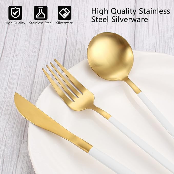 VANVRO Matte White Gold Silverware Set, 20-Piece Stainless Steel Flatware Set