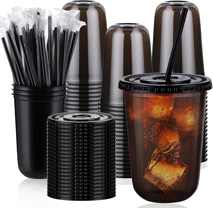 tchrules 100 Set 16oz Black Round Bottom Plastic Cups