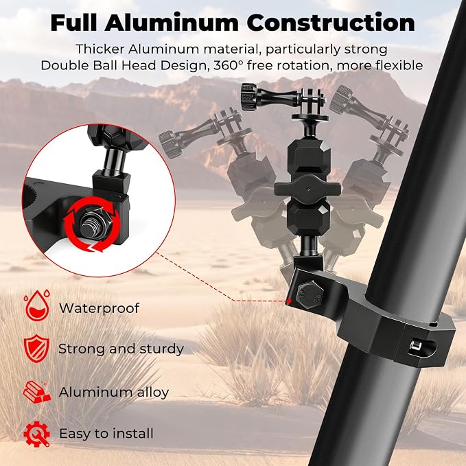 Jerbor Aluminum UTV ATV Camera Mount Holder 360° Compatible