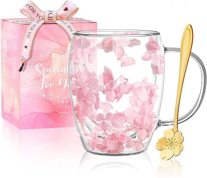 Gifts for Women Dried Flowers Double Wall Glass Coffee Mugs Cute Glass Tea Cups