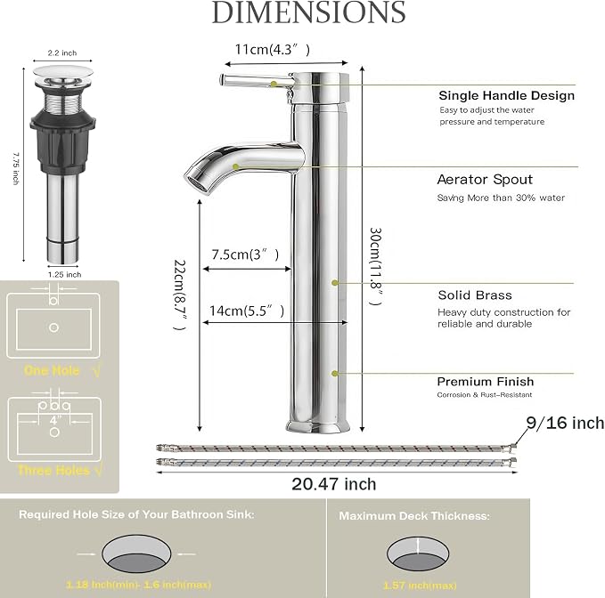 Chrome Bathroom Faucets, Vessel Sink Faucet One Hole Single Handle
