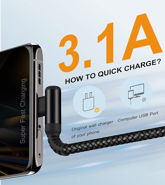 sweguard USB Type C Charger Cable Right Angle iPhone 16 Charger Nylon Braided