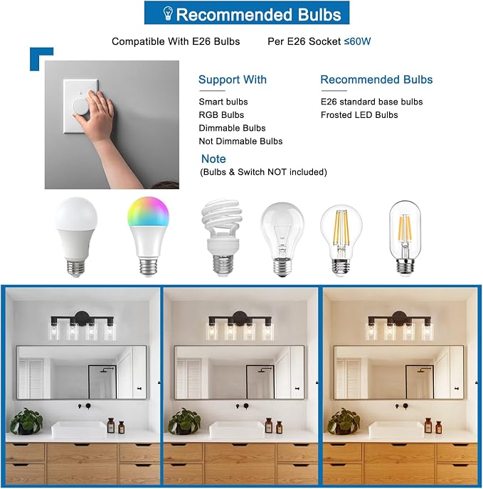 4 Light Bathroom Vanity Light, Matte Black Bathroom Light Fixtures