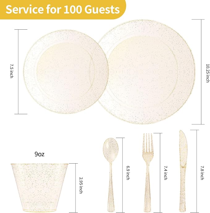 600 Piece Gold Glitter Disposable Plates