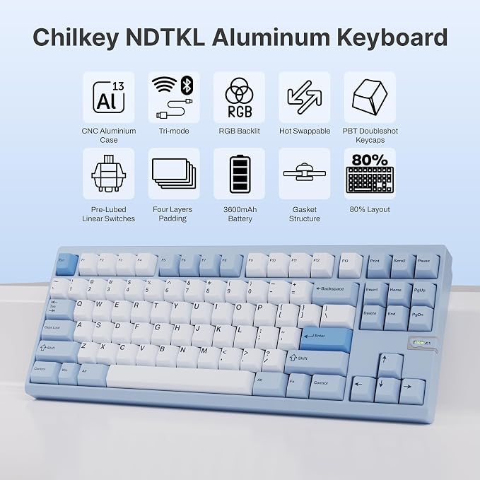 Chilkey ND TKL Aluminum Mechanical Keyboard, 87 Keys Tenkeyless Wireless Gaming
