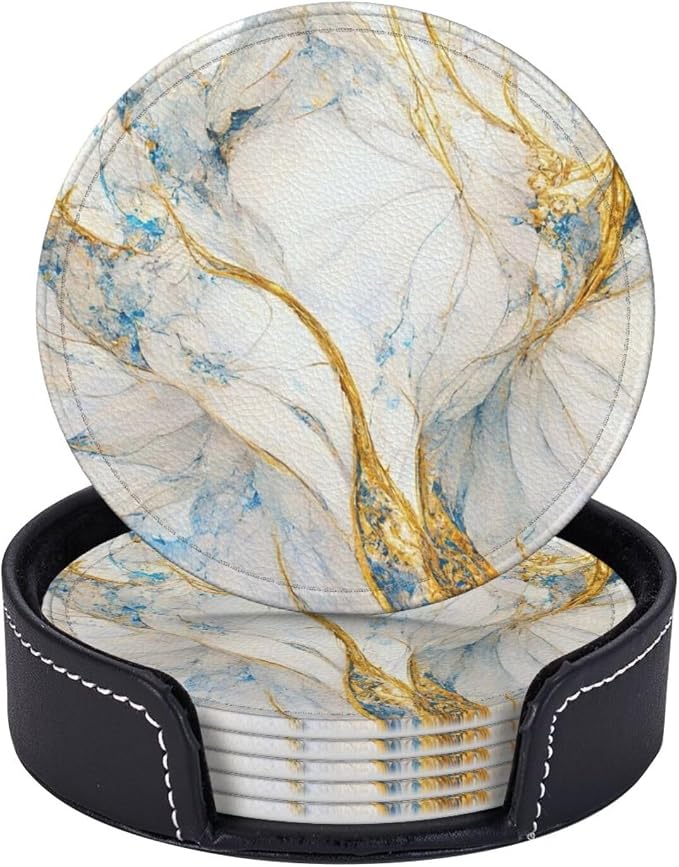6 Pcs Abstract Luxury Blue Gold White Colors Marble Leather Coasters
